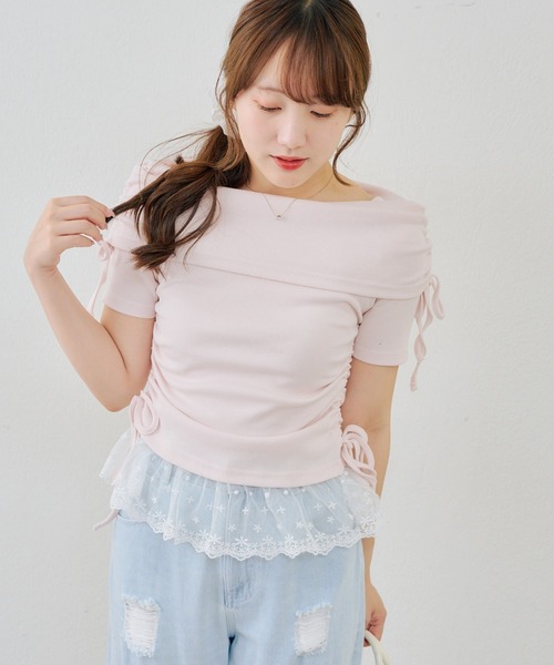 continuer de NICE CLAUP(コンティニューデナイスクラップ)の「オフショル裾レーステレコ(Tシャツ/カットソー・レディース・ピンク/イエロー/ブラック/オフホワイト・FREE)」の19枚目の写真