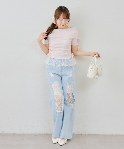 continuer de NICE CLAUP(コンティニューデナイスクラップ)の「オフショル裾レーステレコ(Tシャツ/カットソー・レディース・ピンク/イエロー/ブラック/オフホワイト・FREE)」の17枚目の写真