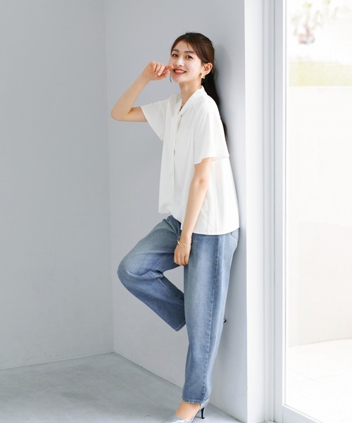 WHITE JOOLA(ホワイトジョーラ)の「【 接触冷感・洗える 】 ソフトデシン・ボウタイフレアブラウス(シャツ/ブラウス・レディース・ピンク/オフホワイト/グリーン・M/S/L)」の6枚目の写真