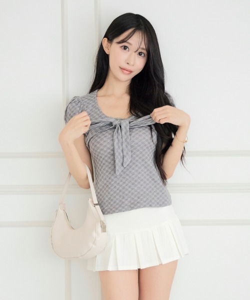 ALLuRing ChaRm(アリュリングチャーム)の「Sweet Check Puff Ribbon Blouse / スイートチェックパフリボンブラウス(シャツ/ブラウス・レディース・グレー/ホワイト・FREE)」の11枚目の写真