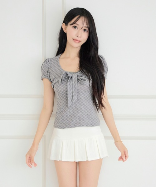 ALLuRing ChaRm(アリュリングチャーム)の「Sweet Check Puff Ribbon Blouse / スイートチェックパフリボンブラウス(シャツ/ブラウス・レディース・グレー/ホワイト・FREE)」の10枚目の写真