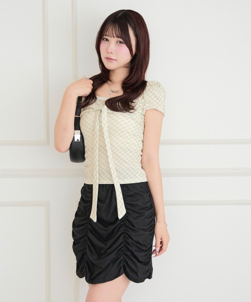 ALLuRing ChaRm(アリュリングチャーム)の「Sweet Check Puff Ribbon Blouse / スイートチェックパフリボンブラウス(シャツ/ブラウス・レディース・グレー/ホワイト・FREE)」の4枚目の写真