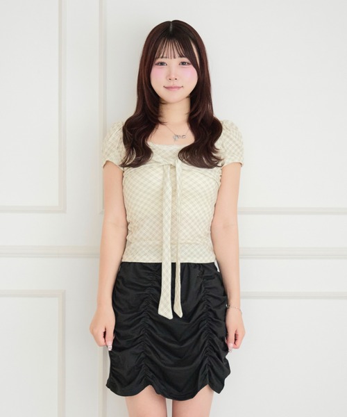 ALLuRing ChaRm(アリュリングチャーム)の「Sweet Check Puff Ribbon Blouse / スイートチェックパフリボンブラウス(シャツ/ブラウス・レディース・グレー/ホワイト・FREE)」の3枚目の写真