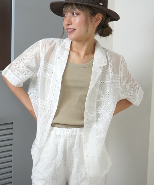 gossara(ゴサラ)の「"透け感×刺繍" 総刺繍半袖シャツジャケット(シャツ/ブラウス・レディース・オフホワイト/ブラウン/ブラック・FREE)」の10枚目の写真