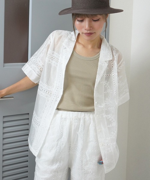 gossara(ゴサラ)の「"透け感×刺繍" 総刺繍半袖シャツジャケット(シャツ/ブラウス・レディース・オフホワイト/ブラウン/ブラック・FREE)」の13枚目の写真
