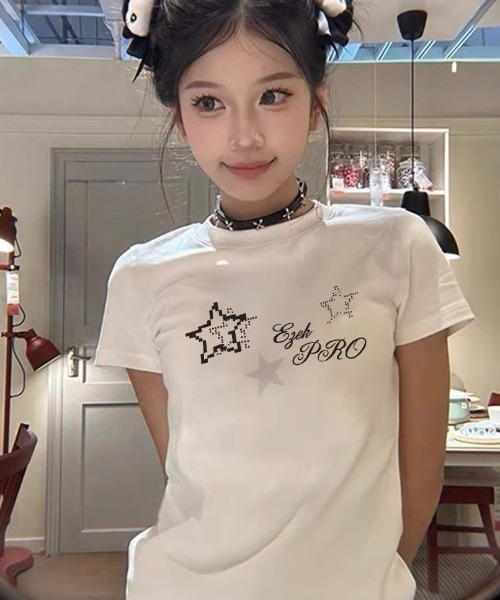 LADY LIKE(レディライク)の「スターロゴプリント半袖Tシャツ(Tシャツ/カットソー・レディース・ライトグレー/ホワイト/サックスブルー・M)」の2枚目の写真