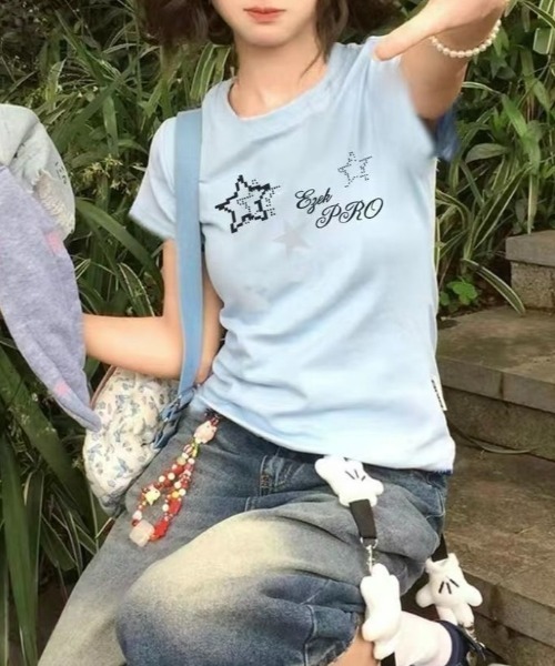LADY LIKE(レディライク)の「スターロゴプリント半袖Tシャツ(Tシャツ/カットソー・レディース・ライトグレー/ホワイト/サックスブルー・M)」の1枚目の写真