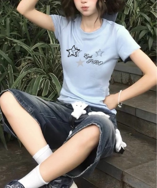LADY LIKE(レディライク)の「スターロゴプリント半袖Tシャツ(Tシャツ/カットソー・レディース・ライトグレー/ホワイト/サックスブルー・M)」の8枚目の写真