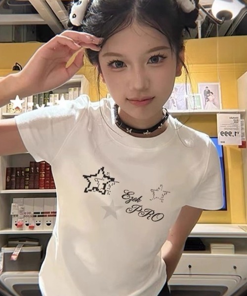 LADY LIKE(レディライク)の「スターロゴプリント半袖Tシャツ(Tシャツ/カットソー・レディース・ライトグレー/ホワイト/サックスブルー・M)」の4枚目の写真