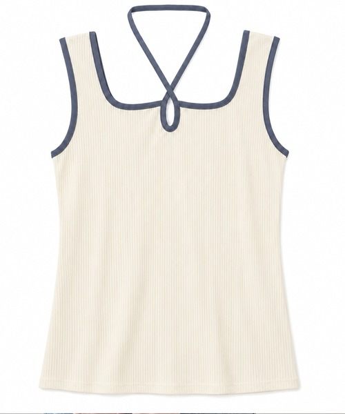 DAY CLOSET（デイ クローゼット）の「【アレンジし放題なマルチウェイネックストラップ/カップ付き】パイピング 配色 リブ タンクトップ レディース（タンクトップ・レディース・ホワイト×ブルー/ホワイト×ブラック/ブラック×ホワイト・FREE）」の4枚目の写真