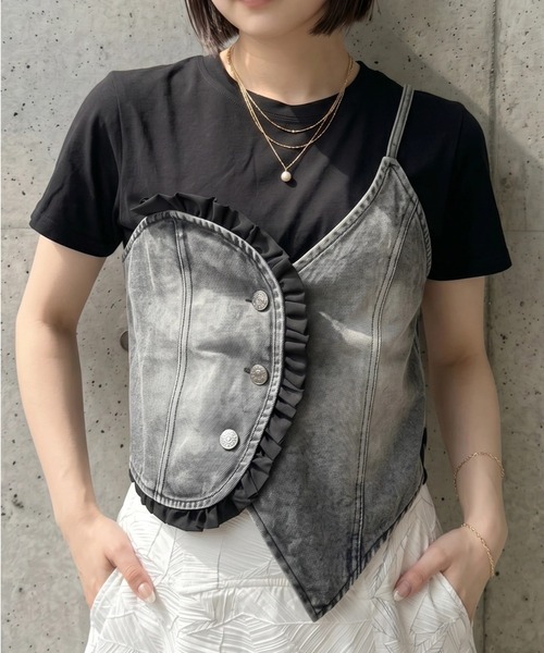 deux amour（ドゥーザムール）の「デニムドッキングTシャツ（Tシャツ/カットソー・レディース・ブラック/グレー・M～Ｌ）」の5枚目の写真