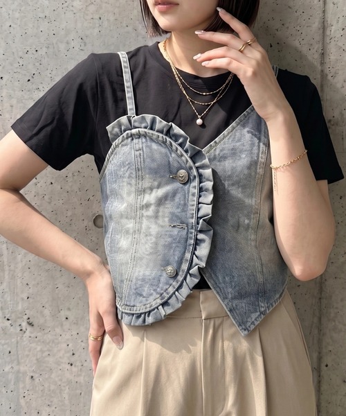 deux amour（ドゥーザムール）の「デニムドッキングTシャツ（Tシャツ/カットソー・レディース・ブラック/グレー・M～Ｌ）」の4枚目の写真