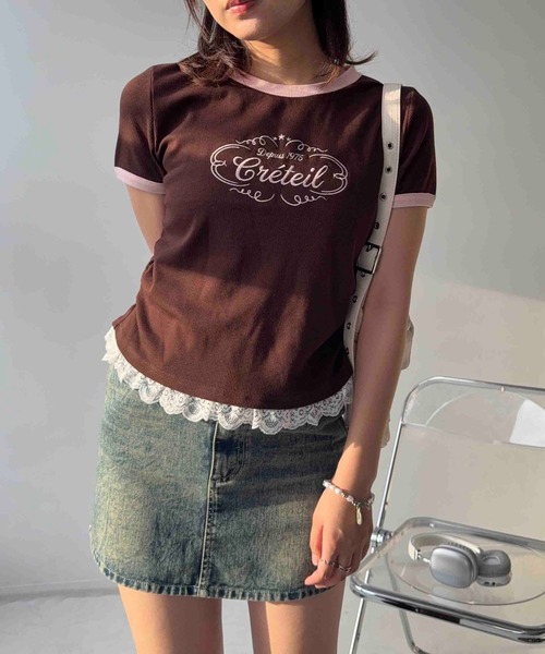 AS KNOW AS plus(アズノゥアズプラス)の「〇テレコレースリンガーTシャツ(Tシャツ/カットソー・レディース・ホワイト系/グレー系/ブラウン系・FREE)」の1枚目の写真