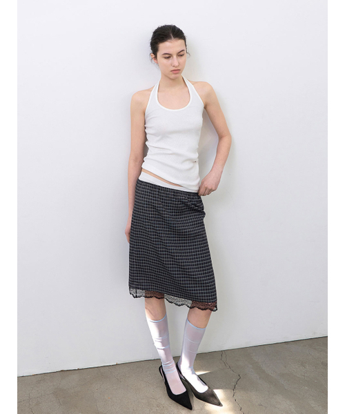 ATELIER NAIN(アトリエナイン)の「CHECK LACE TAPE BANDING MIDI SKIRT (SK-5102)(スカート・レディース・ブラック/ブルー・MEDIUM/SMALL)」の3枚目の写真