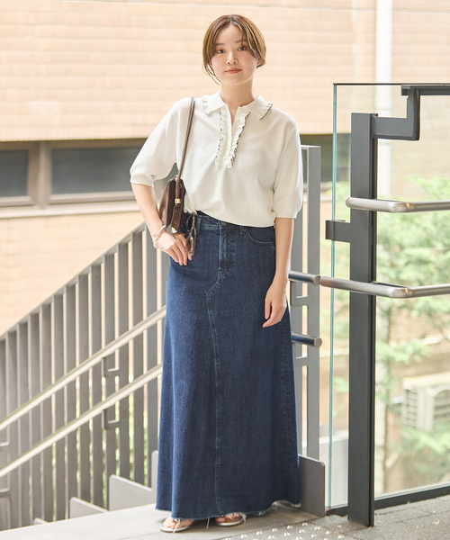 IENA(イエナ)の「YANUK/ヤヌーク 別注 Flare Long Skirt スカート(デニムスカート・レディース・ネイビー・SMALL/MEDIUM/LARGE)」の3枚目の写真