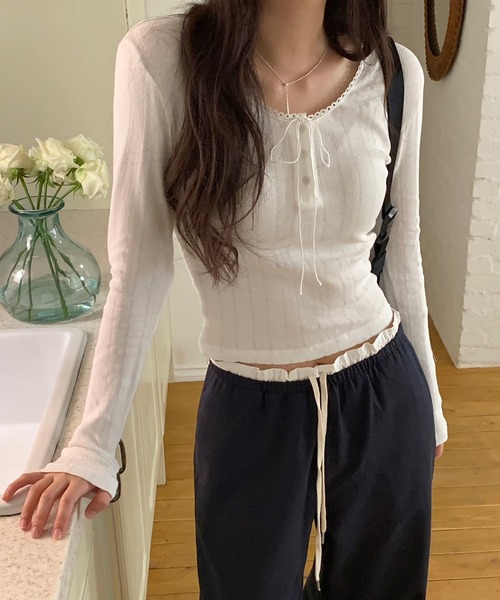 Girly Doll(ガーリードール)の「ギャザーレースウエストワイドイージーパンツ(その他パンツ・レディース・オフホワイト/ネイビー/ブラック・FREE)」の7枚目の写真