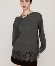LACE TRIM V NECK KNIT TOPS レーストリムブイネックニットトップス オフショル ワンショル 秋服