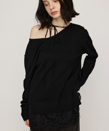 LACE TRIM V NECK KNIT TOPS レーストリムブイネックニットトップス オフショル　ワンショル　秋服