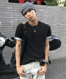 [ジュンヒョク x フラブスアート] 配色ロールアップ半袖Tシャツ ブラック/メランジ