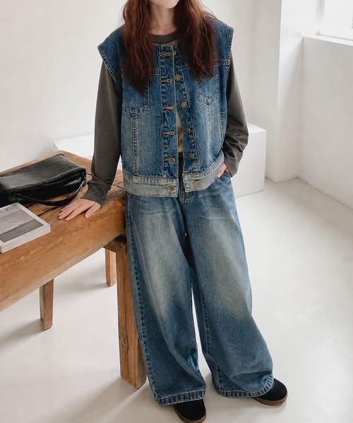 HOOK(フック)の「HOOK for girls オーバーサイズウォッシュデニムベスト(ベスト・レディース・ブルー・S)」の6枚目の写真