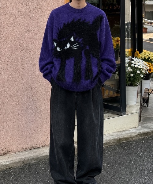 HOOK(フック)の「HOOK -original- 「静電気で毛を逆立てる猫」シャギーニットプルオーバー(ニット/セーター・メンズ・ライトベージュ/ネイビー・XL/M/L)」の12枚目の写真