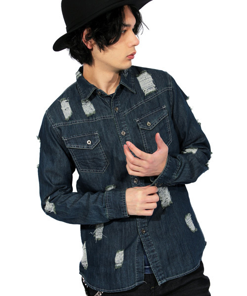 ８(eight)（エイト）の「ダメージ加工 デニムシャツ ビッグシャツ（シャツ/ブラウス・メンズ・インディゴブルー/ライトブルー・MEDIUM/LARGE/FREE）」の2枚目の写真