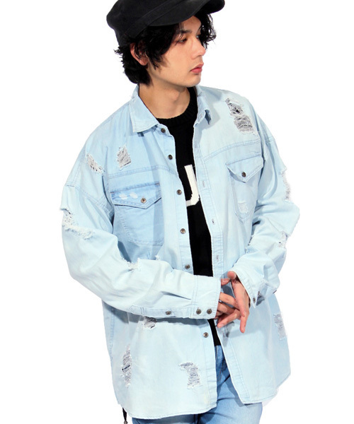 ８(eight)（エイト）の「ダメージ加工 デニムシャツ ビッグシャツ（シャツ/ブラウス・メンズ・インディゴブルー/ライトブルー・MEDIUM/LARGE/FREE）」の3枚目の写真