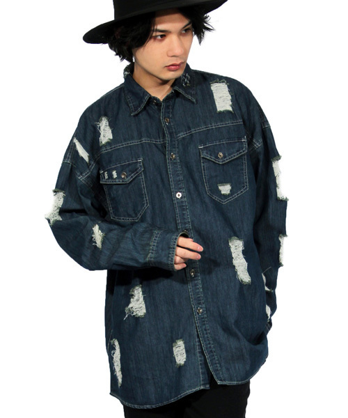 ８(eight)（エイト）の「ダメージ加工 デニムシャツ ビッグシャツ（シャツ/ブラウス・メンズ・インディゴブルー/ライトブルー・MEDIUM/LARGE/FREE）」の4枚目の写真