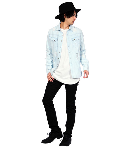 ８(eight)（エイト）の「ダメージ加工 デニムシャツ ビッグシャツ（シャツ/ブラウス・メンズ・インディゴブルー/ライトブルー・MEDIUM/LARGE/FREE）」の5枚目の写真