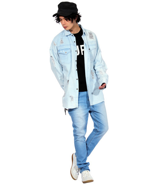 ８(eight)（エイト）の「ダメージ加工 デニムシャツ ビッグシャツ（シャツ/ブラウス・メンズ・インディゴブルー/ライトブルー・MEDIUM/LARGE/FREE）」の6枚目の写真