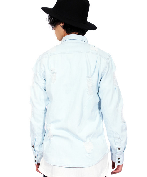 ８(eight)（エイト）の「ダメージ加工 デニムシャツ ビッグシャツ（シャツ/ブラウス・メンズ・インディゴブルー/ライトブルー・MEDIUM/LARGE/FREE）」の22枚目の写真