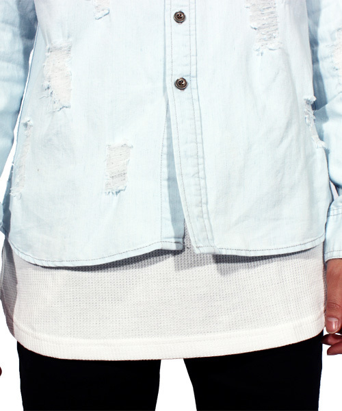 ８(eight)（エイト）の「ダメージ加工 デニムシャツ ビッグシャツ（シャツ/ブラウス・メンズ・インディゴブルー/ライトブルー・MEDIUM/LARGE/FREE）」の16枚目の写真