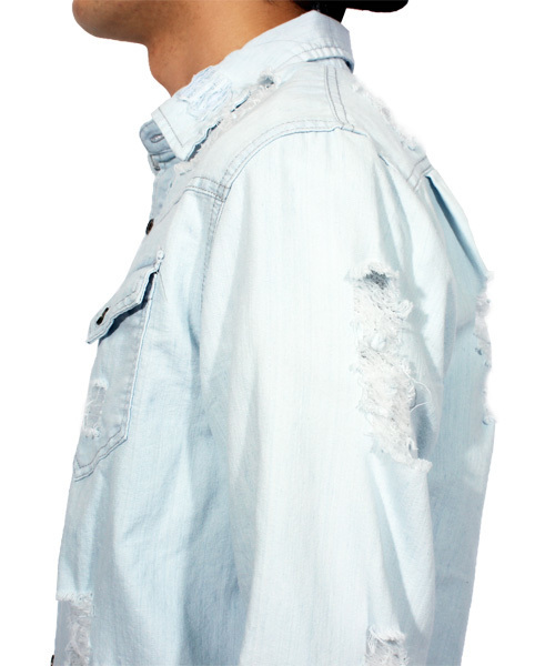 ８(eight)（エイト）の「ダメージ加工 デニムシャツ ビッグシャツ（シャツ/ブラウス・メンズ・インディゴブルー/ライトブルー・MEDIUM/LARGE/FREE）」の18枚目の写真