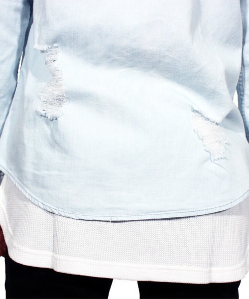８(eight)（エイト）の「ダメージ加工 デニムシャツ ビッグシャツ（シャツ/ブラウス・メンズ・インディゴブルー/ライトブルー・MEDIUM/LARGE/FREE）」の8枚目の写真