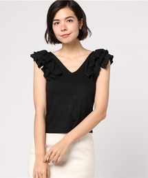 Re:EDIT | [ボリュームフリルが華奢見えを叶える]Vカットショルダーフリル短丈トップストップス/カットソー・Tシャツ[リエディ](Tシャツ/カットソー)