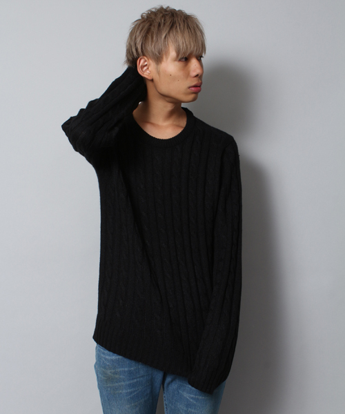 WEGO（ウィゴー）の「WEGO/ケーブルニット（ニット/セーター・メンズ・オフホワイト/ブラック/杢グレー/グリーン/ブルー/サックスブルー/ネイビー/イエロー/レッド/ワイン・SMALL/MEDIUM/LARGE）」の3枚目の写真