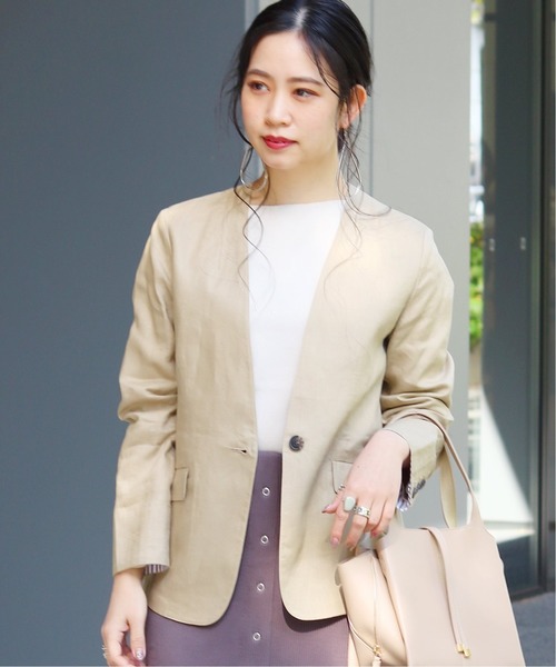 B.C STOCK（ベーセーストック）の「リネンVカラージャケット◆（その他アウター・レディース・ベージュ/ネイビー/アイボリー・SMALL/MEDIUM）」の2枚目の写真