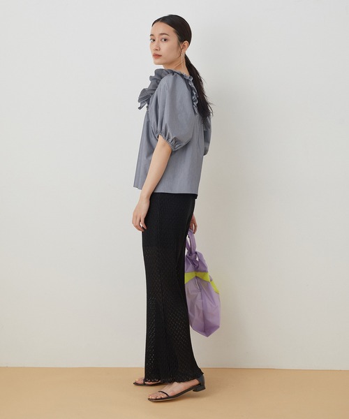 新品タグ付き✨アダムエロペ ラッフルショルダーショートスリーブブラウス 半袖 セール】＜逸品シリーズ＞ラッフルショルダーショートスリーブ