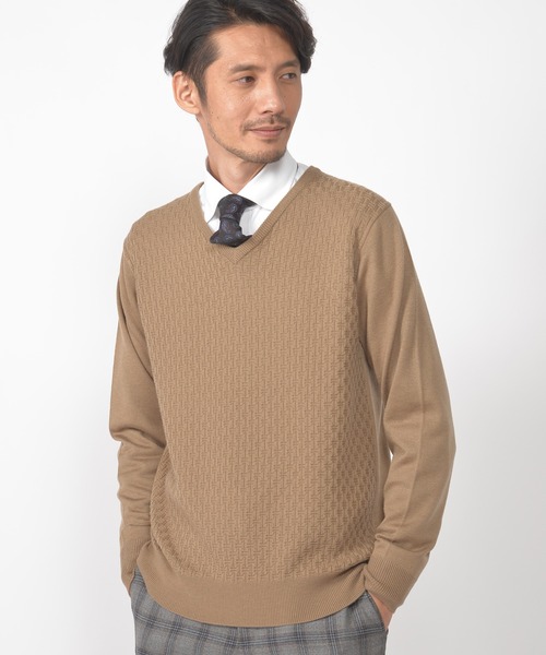 CROWDED CLOSET(クラウデッドクローゼット)の「12G(ゲージ)ジャガードVネックニット(ニット/セーター・メンズ・ブラック/ベージュ/グレー/ブルー・02/03/04)」の1枚目の写真