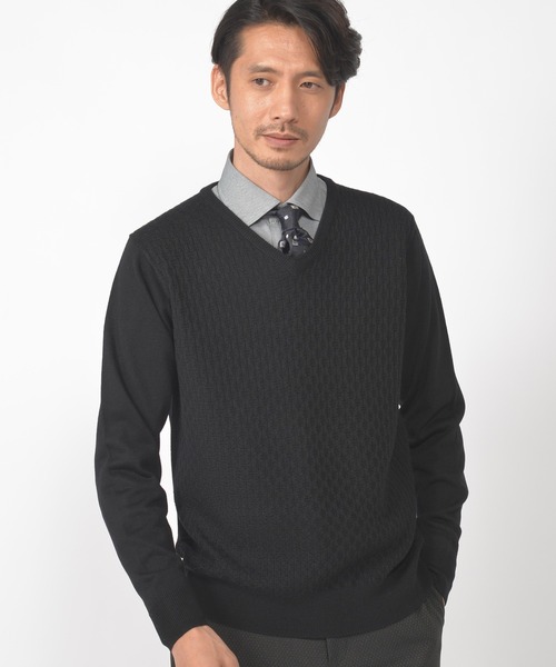 CROWDED CLOSET(クラウデッドクローゼット)の「12G(ゲージ)ジャガードVネックニット(ニット/セーター・メンズ・ブラック/ベージュ/グレー/ブルー・02/03/04)」の9枚目の写真