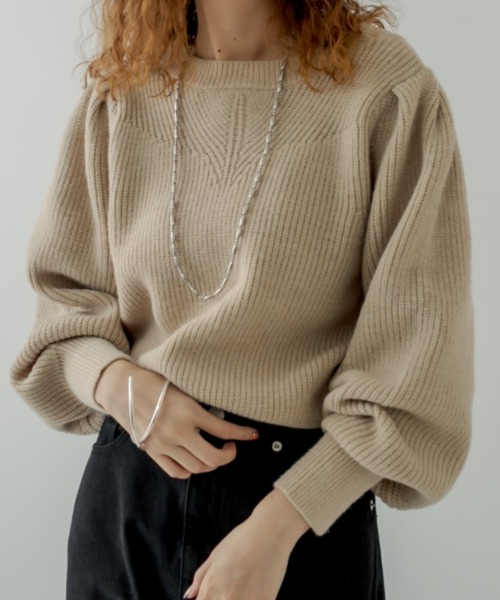 mystic(ミスティック)の「畦切り替えパフニット(ニット/セーター・レディース・ブラック/ベージュ/オフホワイト/ブルー・FREE)」の1枚目の写真