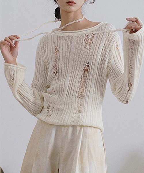chuclla(チュクラ)の「【MURMURMI】Crash ridge crew neck knit chw22s001(ニット/セーター・レディース・ブラック/アイボリー・S/M)」の4枚目の写真