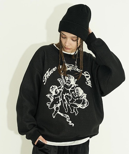 HARSH AND CRUEL(ハーシュアンドクルーエル)の「グラフィック刺繍 ニットセーター HC21AW06【Harsh and Cruel】(ニット/セーター・メンズ・ブラック/ホワイト・L/M/XL/S)」の2枚目の写真