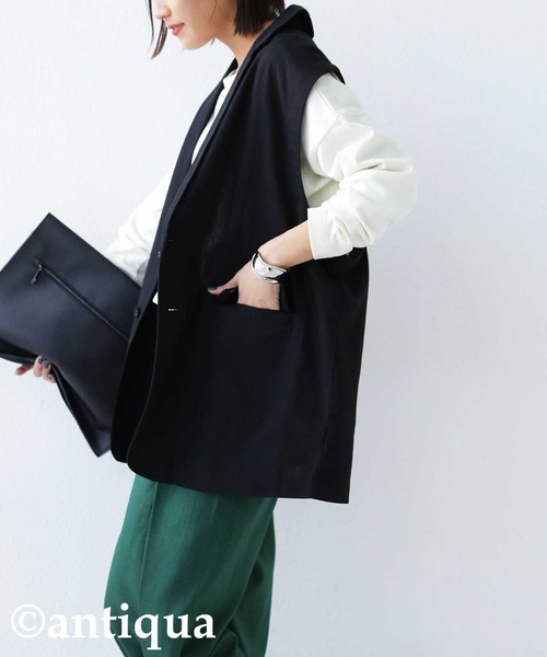 antiqua（アンティカ）の「テーラード襟コットンリネンベスト（テーラードジャケット・レディース・ブラック/ブルー/ナチュラル・FREE）」の7枚目の写真