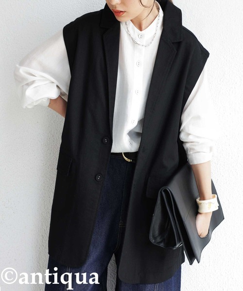 antiqua（アンティカ）の「テーラード襟コットンリネンベスト（テーラードジャケット・レディース・ブラック/ブルー/ナチュラル・FREE）」の9枚目の写真