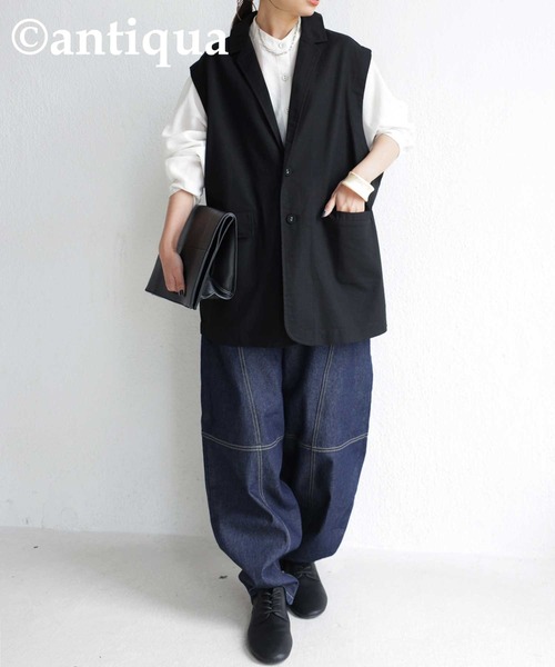 antiqua（アンティカ）の「テーラード襟コットンリネンベスト（テーラードジャケット・レディース・ブラック/ブルー/ナチュラル・FREE）」の11枚目の写真