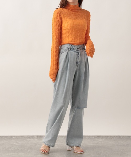 Heather(ヘザー)の「ウネウネシアーカットソー 276040(Tシャツ/カットソー・レディース・ブラック/オレンジ/アイボリー/グリーン/ピンク/チェリーピンク・FREE)」の11枚目の写真