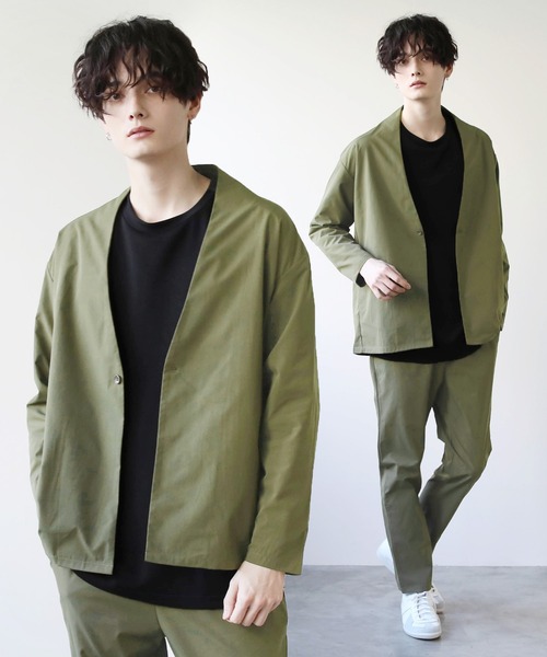 抗菌防臭付きノーカラーカーデジャケット&テーパードパンツセットアップ