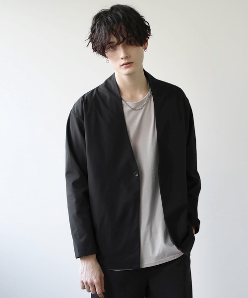 抗菌防臭付きノーカラーカーデジャケット&テーパードパンツセットアップ