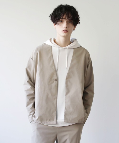 抗菌防臭付きノーカラーカーデジャケット&テーパードパンツセットアップ